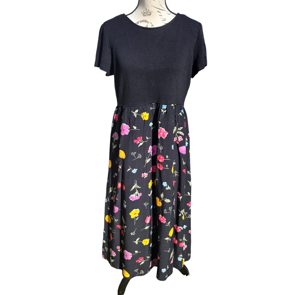 Talbots 5G Petites Black Floral Midi Dress Short Sleeve‎ Women's Size Medium